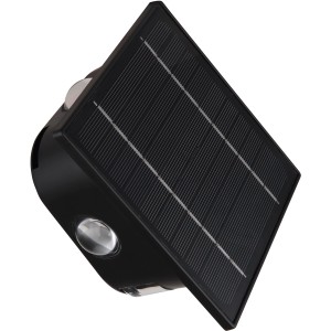 Schwarze Globo LED Solar-Wandleuchte mit Solarpanel und Lichteffekt.