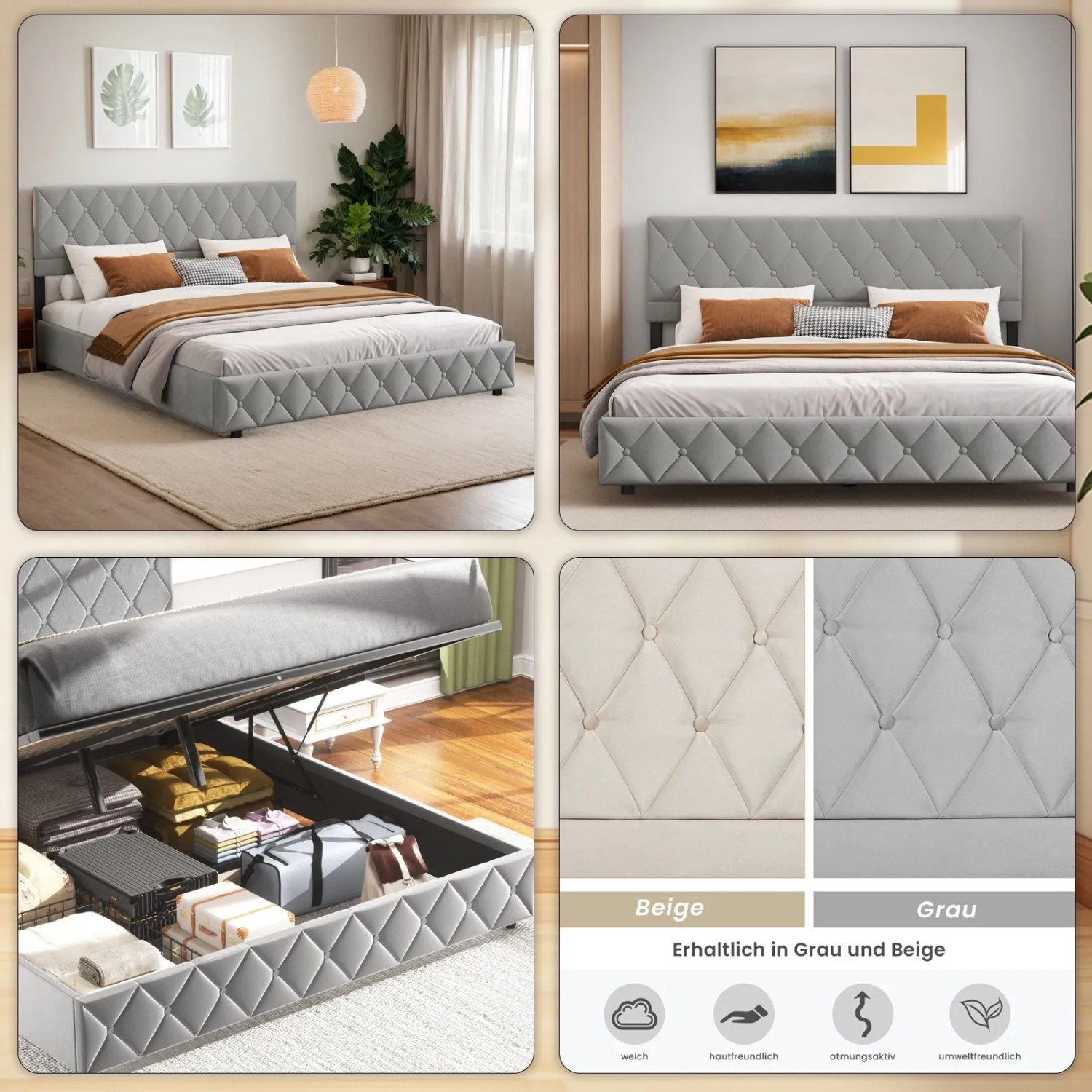 okwish Einzelbett mit Stauraumbett Kopfteil Jugendzimmer mit Matratze 140 x 200 cm cm Hellgrau_8