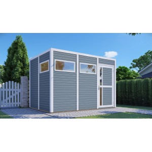 Modernes, hellgraues Holz-Gartenhaus Cubus mit Fenster und Tür. Weekendhaus aus FSC®-zertifiziertem Holz.