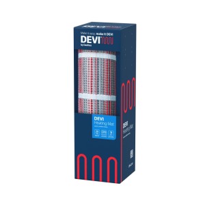 DEVIcomfort 150T Fußbodenheizmatte in blauer Verpackung, gerollt sichtbar. Elektrische Dünnbettheizmatte für Fliesen & Holz.