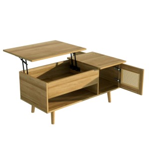 Couchtisch mit anhebbarer Tischplatte, offenem Stauraum und Rattan-Tür in heller Holzoptik für Wohnzimmer.