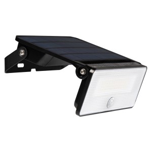 Schwarze LED Solar-Außenleuchte mit Sensor, 12W, zur Wandmontage.