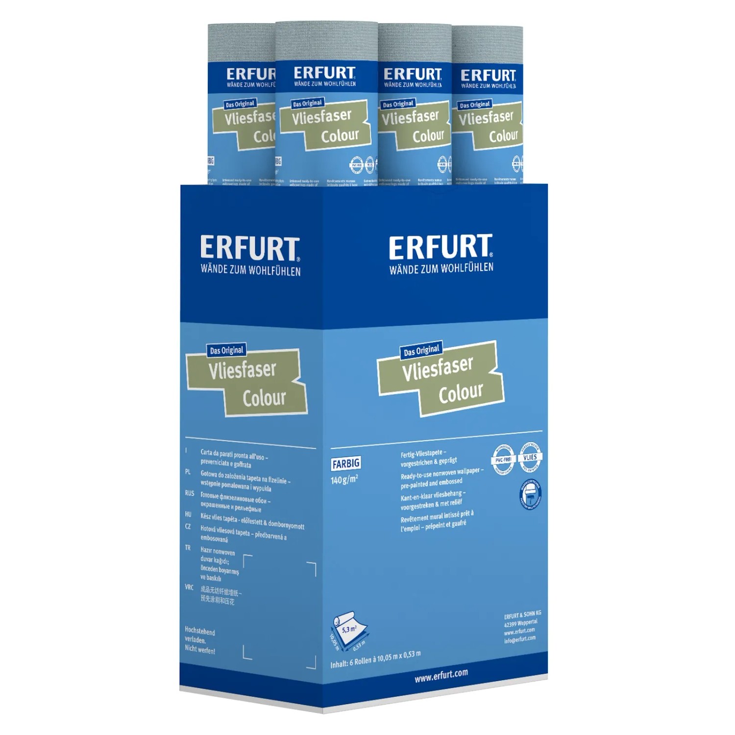 Erfurt Vliesfaser Colour 302-7 Hellblau, Rollen und Verpackung. Dekorative Tapete.