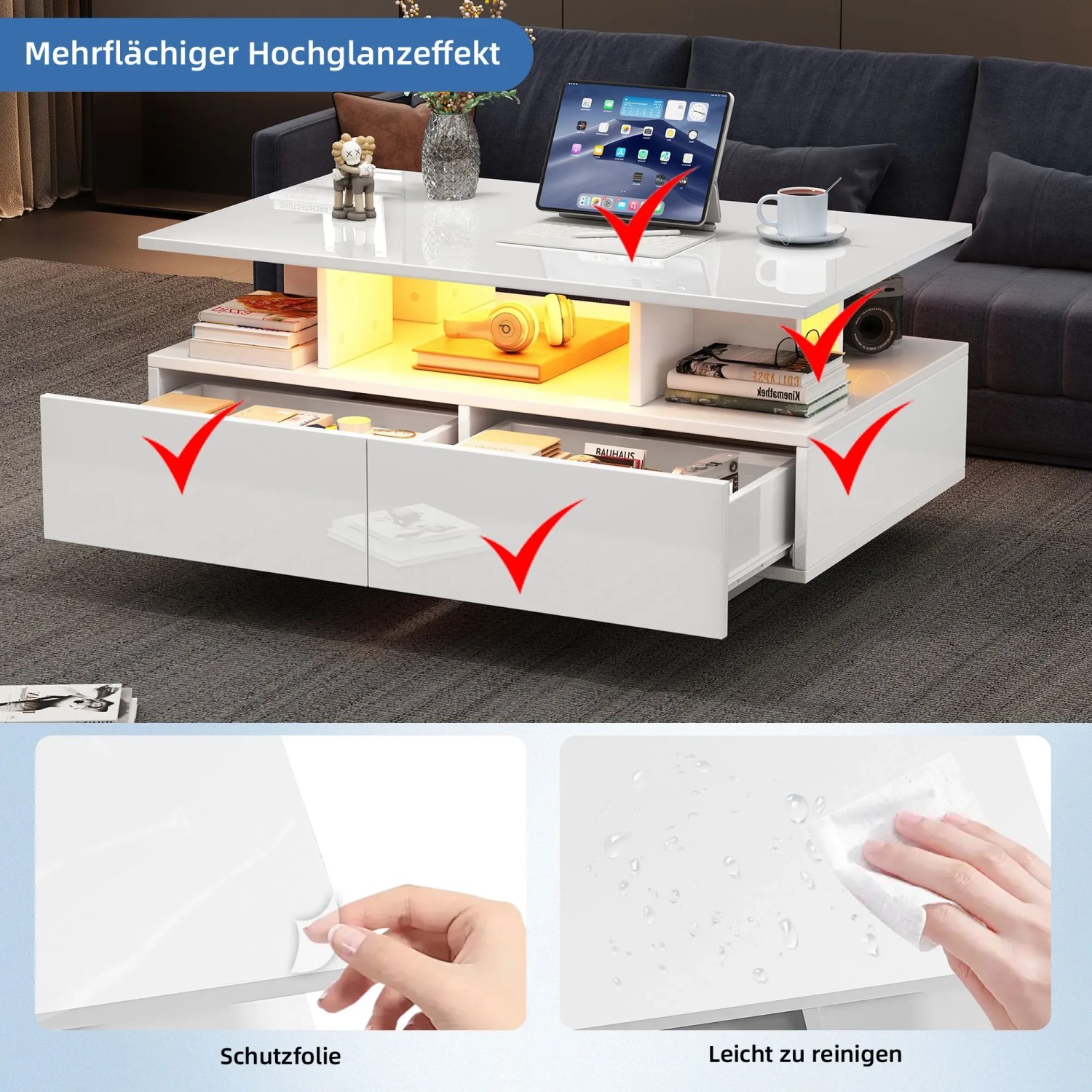 okwish Couchtisch mit LED 2 Schubladen Stauraum 90x55x41cm Hochglanz Weiß_6