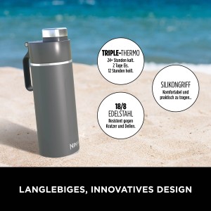 Graue Ninja Thirsti Trinkflasche (530 ml) aus Edelstahl mit Thermo-Isolierung für kalte und heiße Getränke.