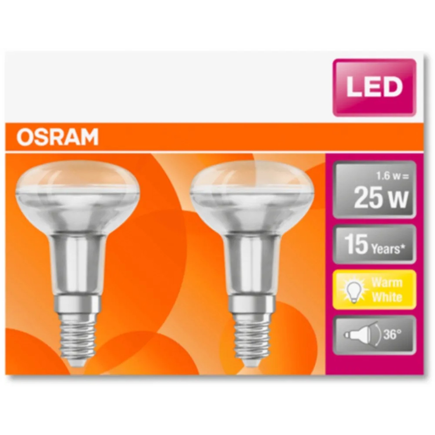 Osram LED Reflektor R50 E14, 1,5W, 2er-Set. Warmweißes Licht für Wohnräume.