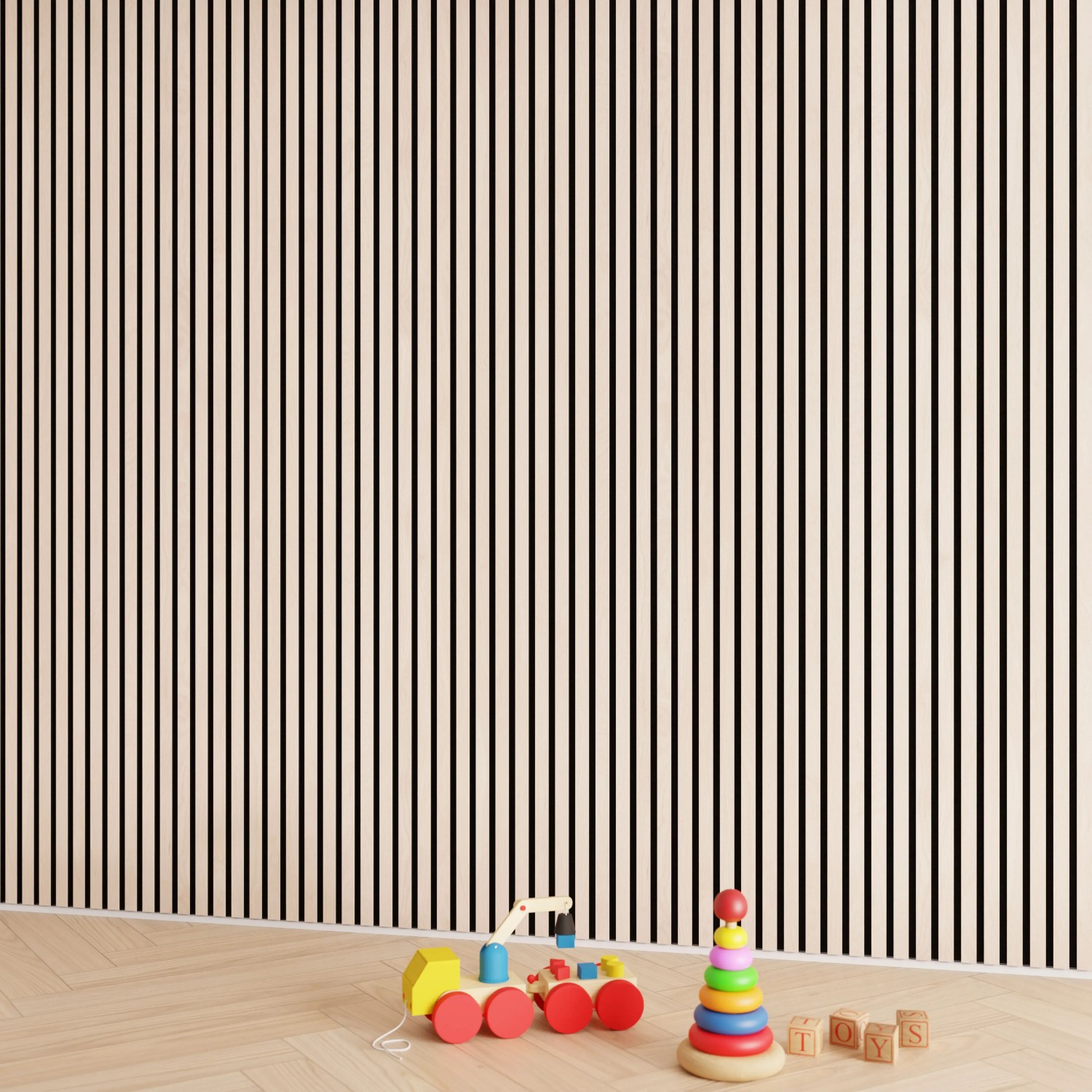 Akustikpaneel Eiche/Schwarz: Wandpaneel mit Holzfurnier und schwarzem Filz für verbesserte Raumakustik.