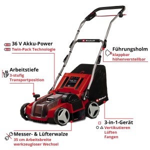 Einhell Akku-Vertikutierer-Lüfter GE-SA 36/35 Li-Solo: Rot, mit Fangkorb, klappbarer Holm, Messer- und Lüfterwalze.