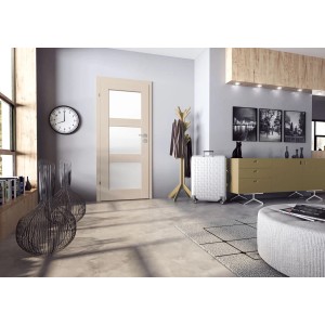 Classen Zimmertür Kofano 1.7 Kaschmir, 61x198,5 cm, DIN Links, mit drei Lichtausschnitten im modernen Wohnraum.