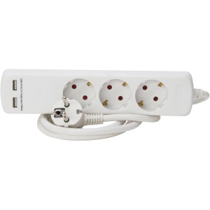 3-fach Steckdosenleiste Arktisweiß mit 2 USB-Ports und Schutzkontaktstecker.