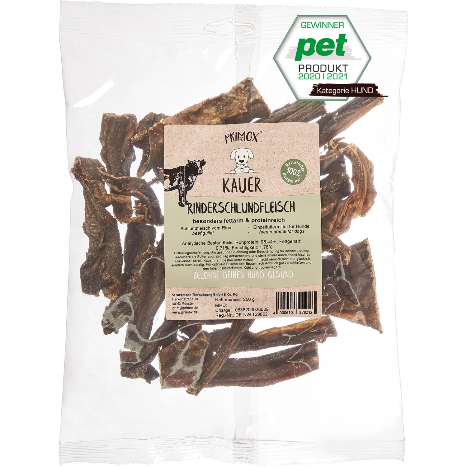 Primox Kauer Klassik Rinderschlund, 250g, getrocknete Hunde-Snacks im Beutel.