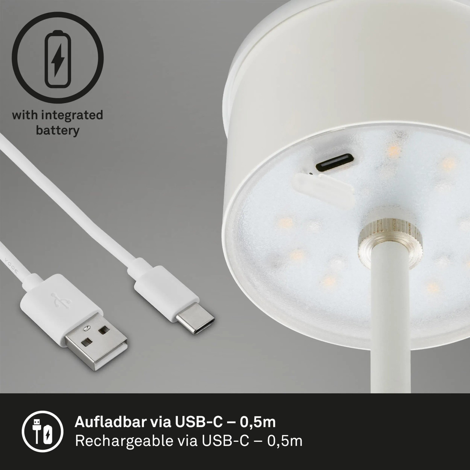Detailaufnahme der weißen Brilo RGB Akku-Tischleuchte mit USB-Ladekabel.
