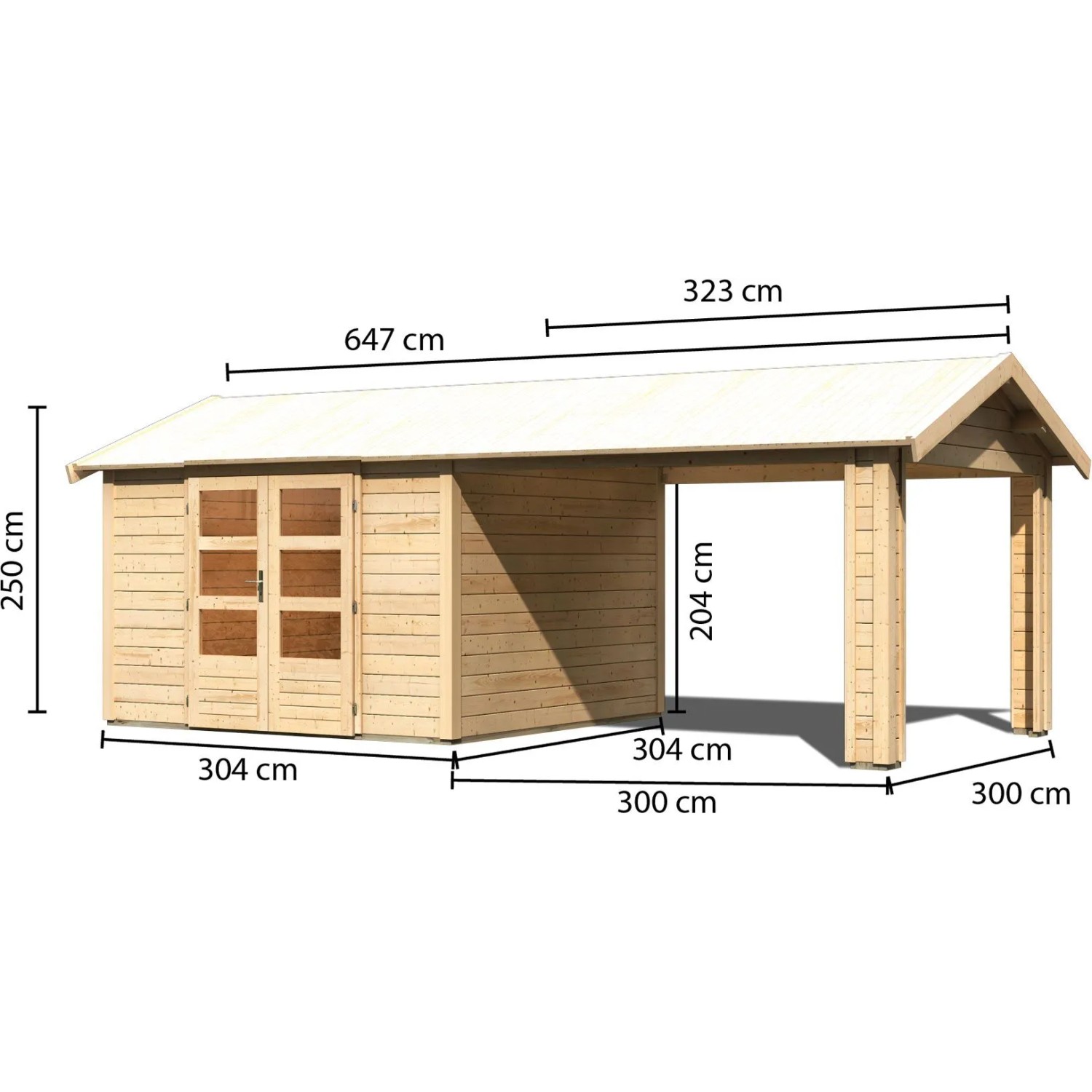 Karibu Holz-Gartenhaus Timra, naturbelassen mit Satteldach und Anbau, Maße: 300x300 cm.