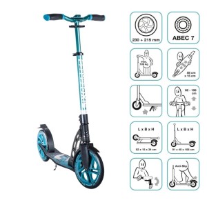 Türkiser Aluminium Scooter mit Klappmechanismus, Ständer, 230/215 mm Rollen und höhenverstellbarem Lenker. ABEC 7.
