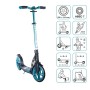 Türkiser Aluminium Scooter mit Klappmechanismus, Ständer, 230/215 mm Rollen und ABEC 7 Kugellagern. Höhenverstellbar.