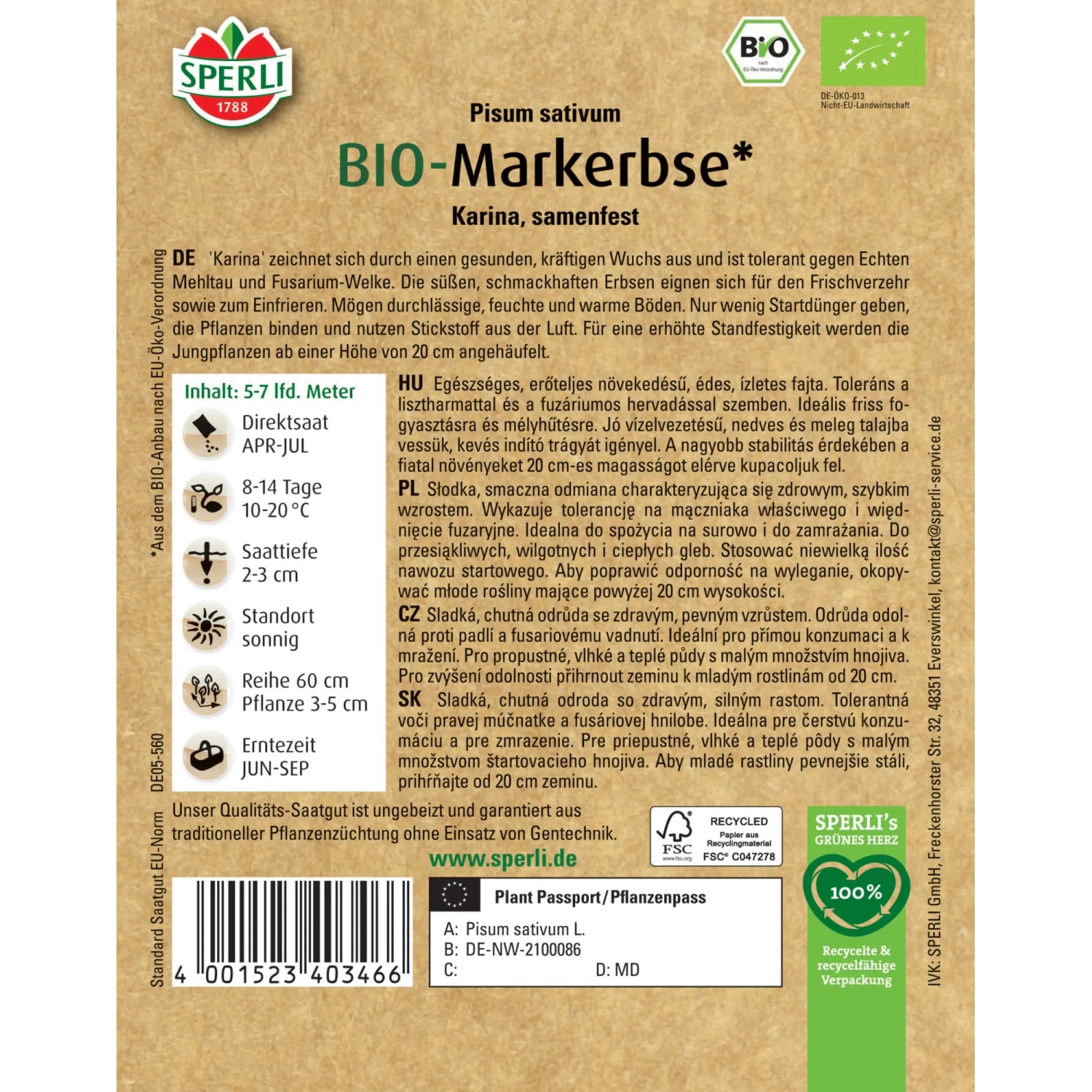 Samenpackung BIO Sommermarkerbse Karina von Sperli, Gemüsesamen für süße Erbsen.