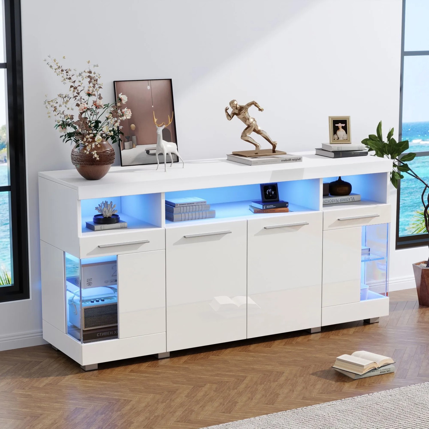 okwish Sideboard mit LED Hochglanz Glasfächer Wohnzimmer 140x40x70 cm Weiß_3