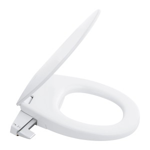 Grohe QuickFix Bau Keramik Dusch-WC Aufsatz, weiß, mit offenem Deckel und seitlichem Bedienhebel.