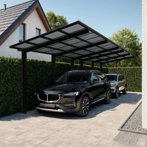 Schwarzes Ximax Alu Doppelcarport Linea Tandem mit zwei parkenden Autos.