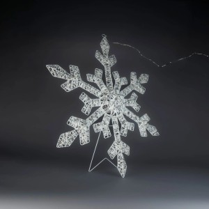 Weiße Deko-Schneeflocke mit 200 bernsteinfarbenen LEDs für Außen. Filigranes Design, mit Standfuß. Weihnachtsfigur.