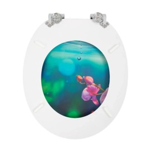 Weißer ovaler Sinobath WC-Sitz mit Absenkautomatik. Motiv: pinke Orchidee unter Wasser mit Blasen.