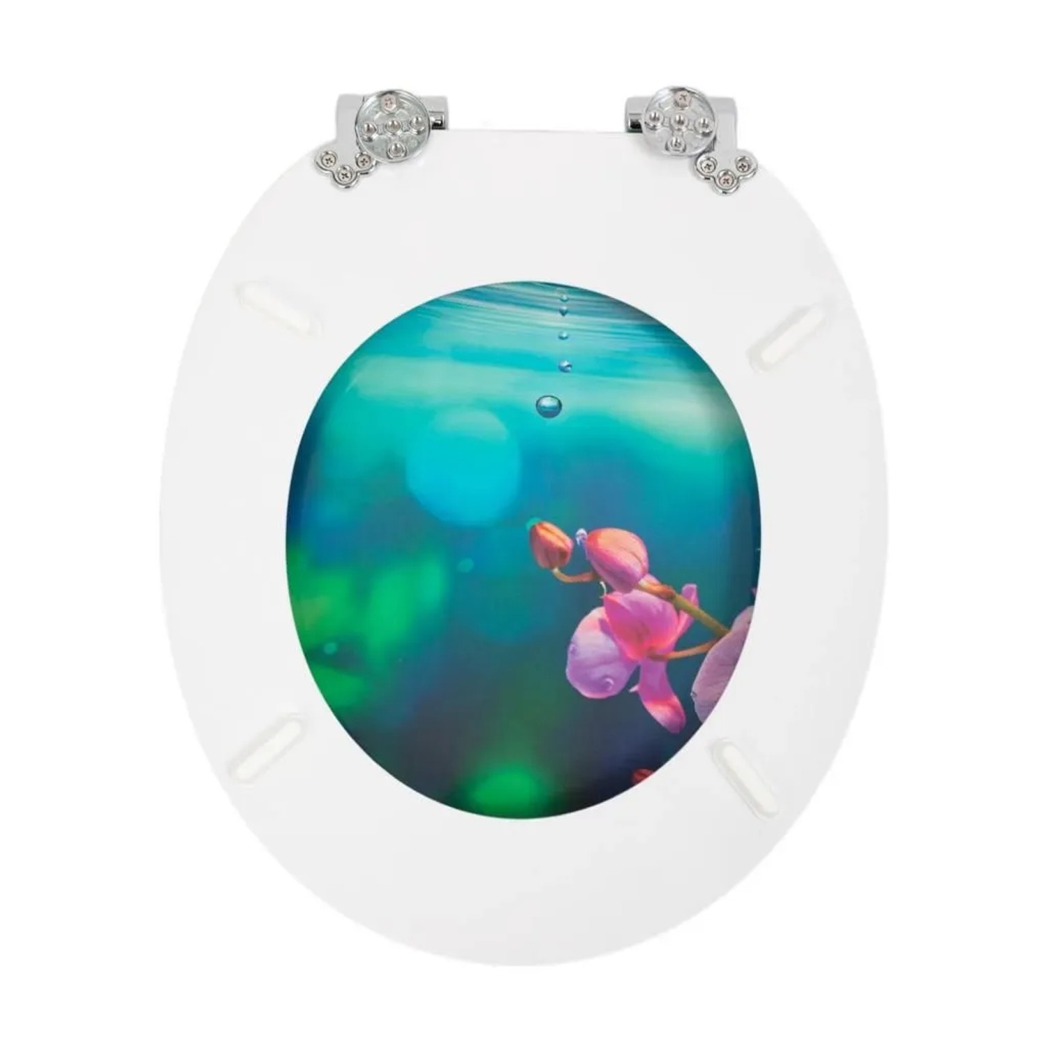 Weißer ovaler Sinobath WC-Sitz mit Absenkautomatik. Motiv: pinke Orchidee unter Wasser mit Blasen.