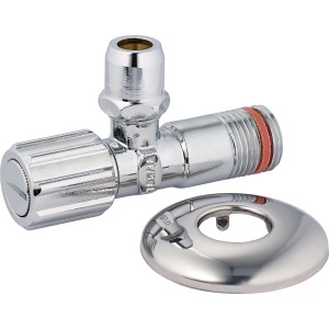Eckventil mit Schlauchanschluss, Schmutzfänger und Rosette, verchromt.