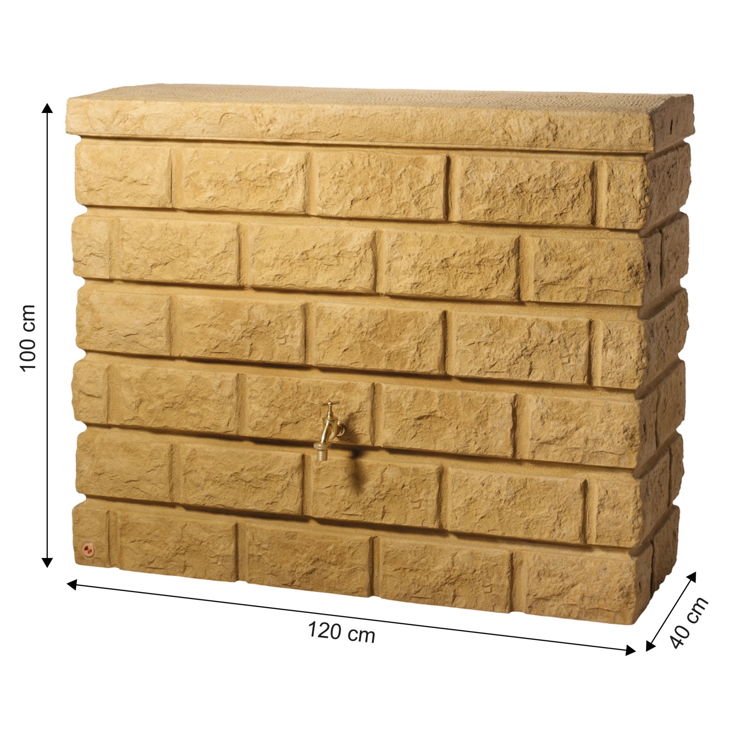 Garantia Wandtank Rocky 400 l Sandstone, Regentonne in Steinoptik mit Wasserhahn und Maßangaben.