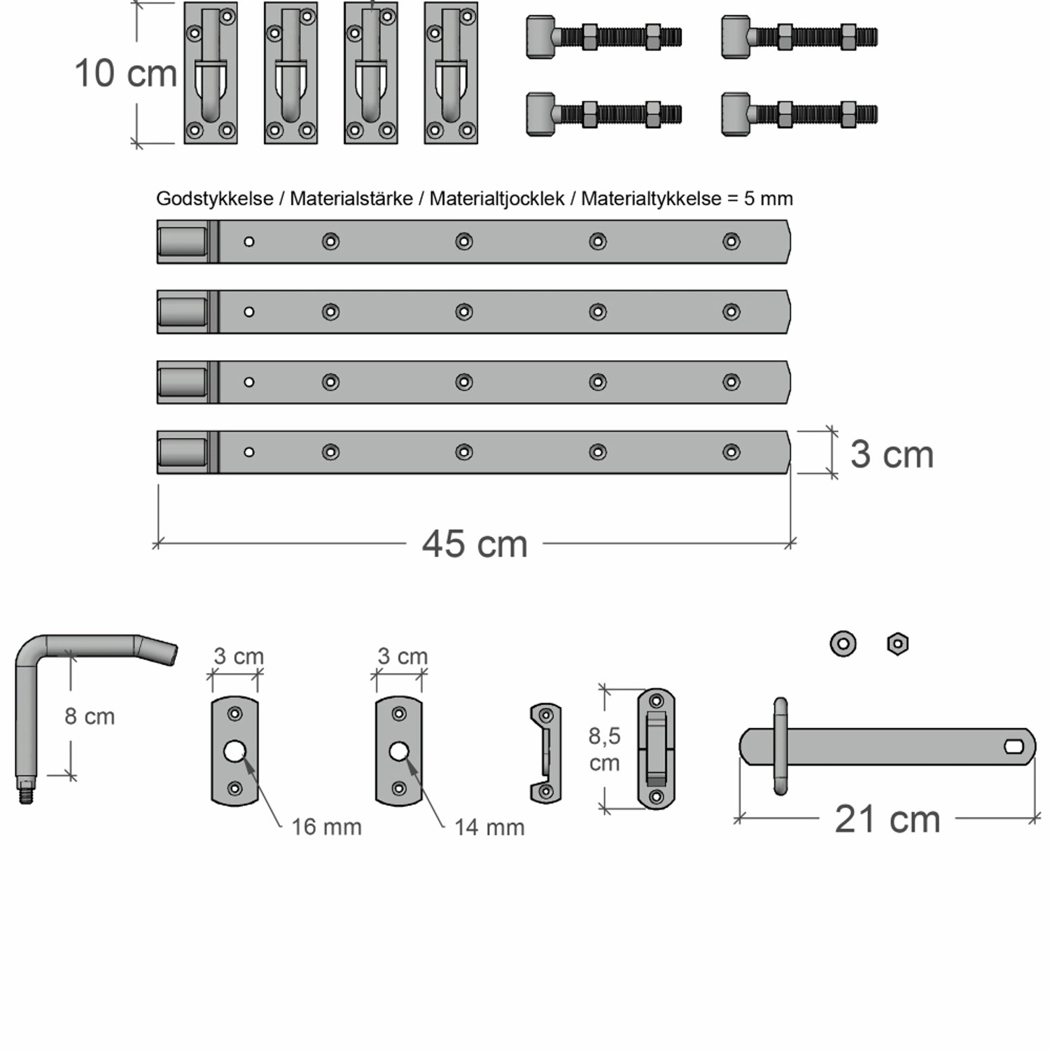 Beschläge für Doppeltor Retro, Nadelholz, weiß, 300x120 cm, Detailansicht der Montageelemente.