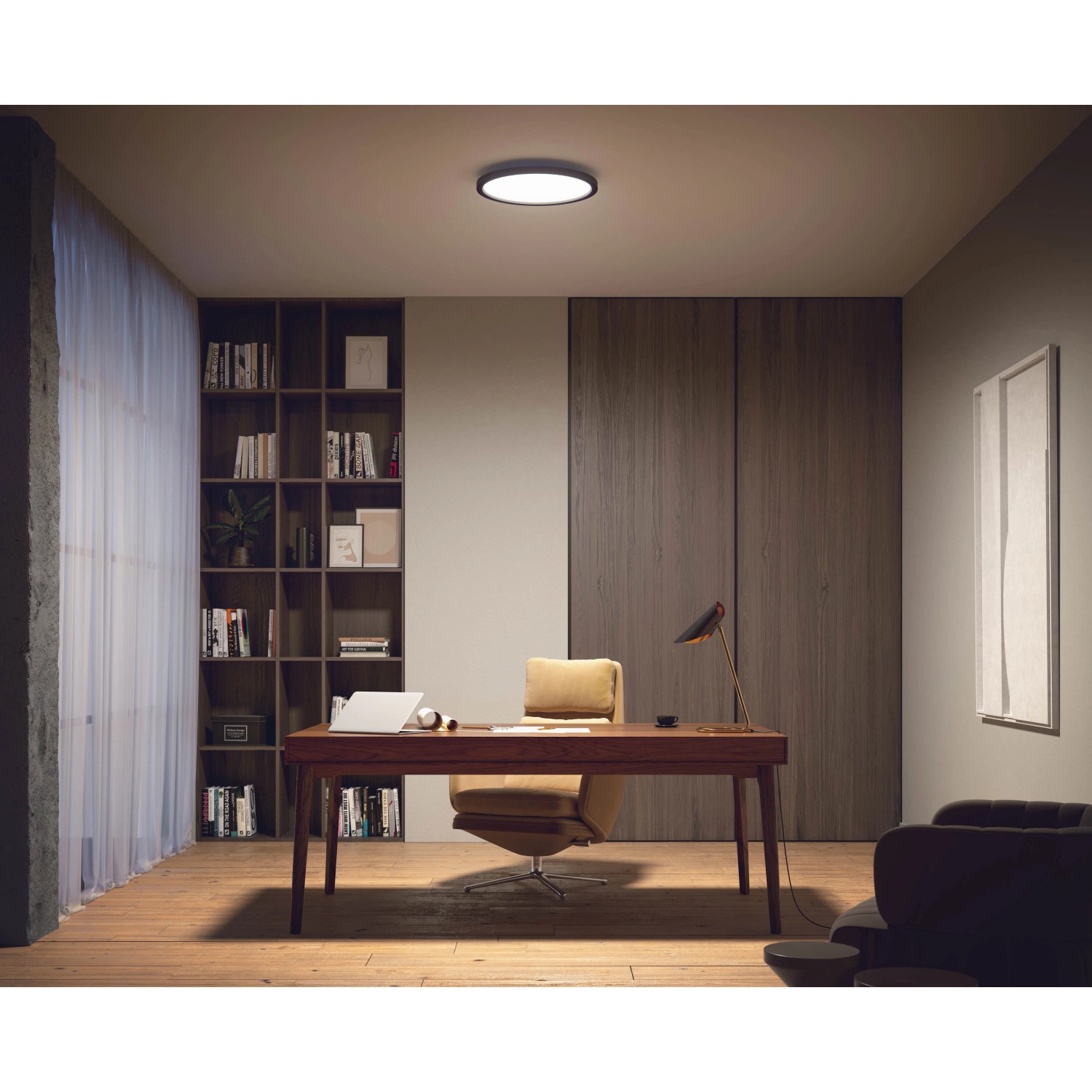 Schwarze Philips Hue Aurelle LED-Panelleuchte (Ø 39,5 cm) im modernen Arbeitszimmer.