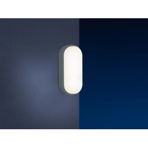 Anthrazitfarbene LED-Ovalleuchte OL 18W an Wand, spendet Tageslichtweiß. Kellerleuchte für Innen und Außen.