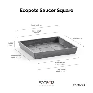 Ecopots Untersetzer Rotterdam eckig, grau, 29,6x3 cm. Quadratischer Pflanztopf-Untersetzer für Innen- und Außen.