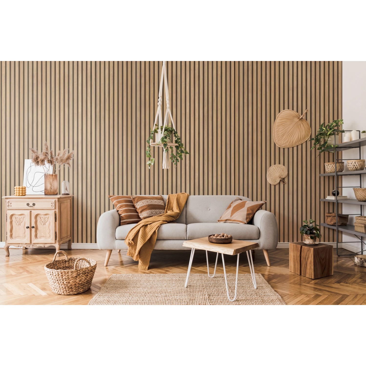 Wohnraum mit Grosfillex Wandverkleidung Element 3D Optik Linio Bamboo als Akzentwand.