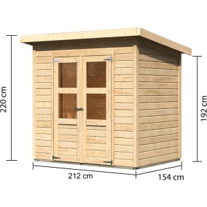 Karibu Holz-Gartenhaus Vellinge, unbehandelt, 208x150 cm. Gartenhaus mit Doppeltür und Maßen.