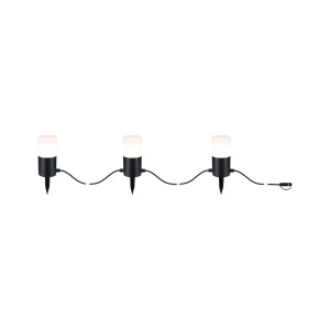 Paulmann Plug & Shine LED-Lichterkette mit drei anthrazitfarbenen Leuchten für den Außenbereich.