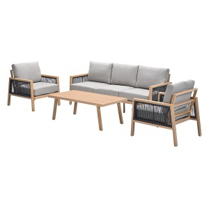 4-teiliges Lounge-Set Decala in heller Teakholzoptik mit Sofa, Sesseln und Tisch für den Garten.