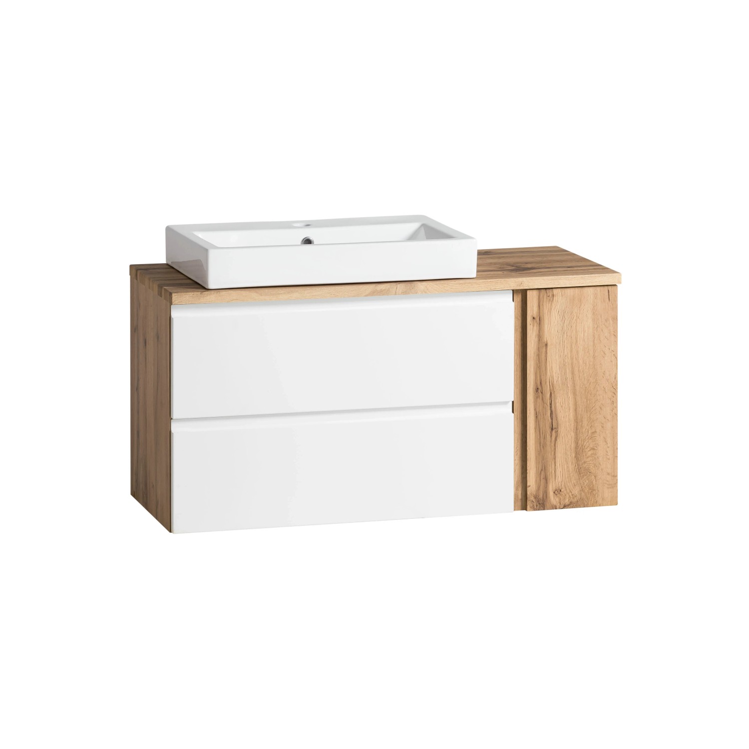 Held Möbel Waschtisch Ancona, 105 cm, Weiß/Wotaneiche mit Becken links. Badmöbel-Set mit Schubladen.
