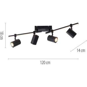Schwarze Paul Neuhaus LED-Deckenleuchte Barik mit 4 schwenkbaren Spots und LED-Leiste.