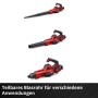 Einhell Akku-Laubbläser GE-UB 18/250 Li E mit verschiedenen Blasrohr-Aufsätzen in Rot und Schwarz.
