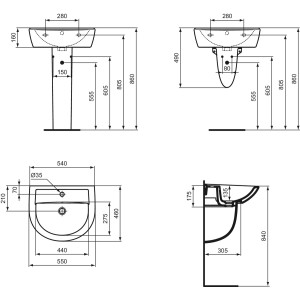 Technische Zeichnung: Ideal Standard Eurovit Waschtisch, 55 cm, weiß, mit Maßen.