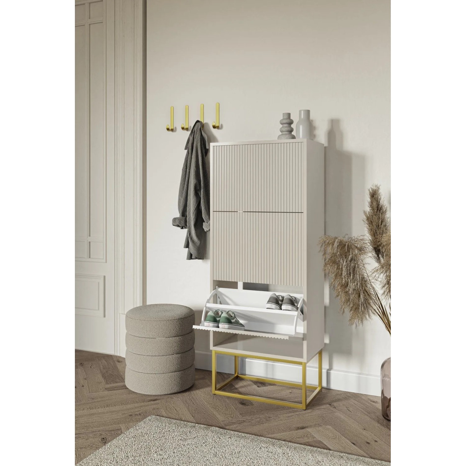 Selsey Schuhschrank Veldio Rillenfront Goldfarbenes Gestell Greige 50 cm_3