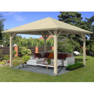 Unbehandelter Skan Holz Pavillon Cannes 2 (359x359cm) im Garten mit Sitzgruppe.