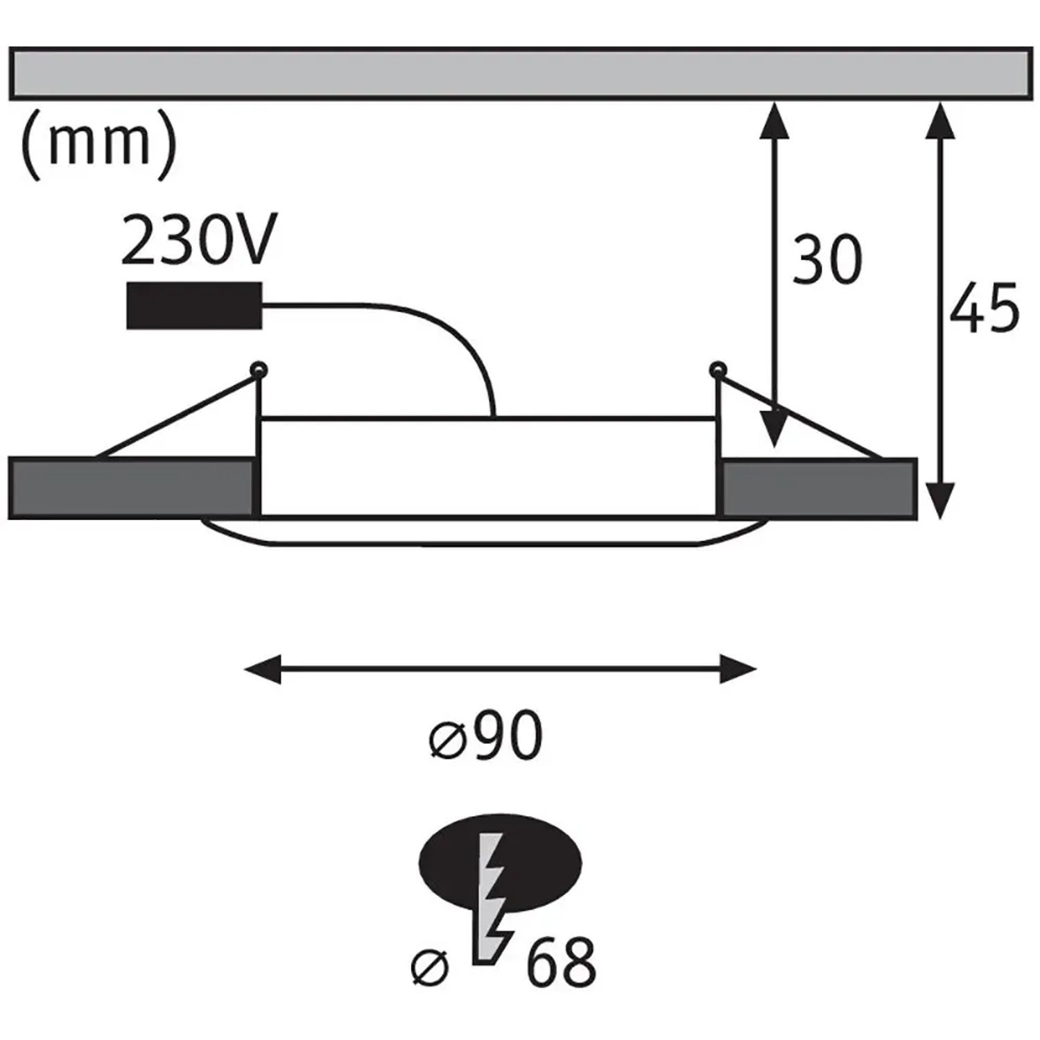 Technische Zeichnung Paulmann LED Einbauleuchte Suon: Maße und Details des Strahlers.