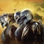 Komar Wandbild Star Wars The Mandalorian Line Up, 40x50 cm, zeigt vier Charaktere in Rüstung.