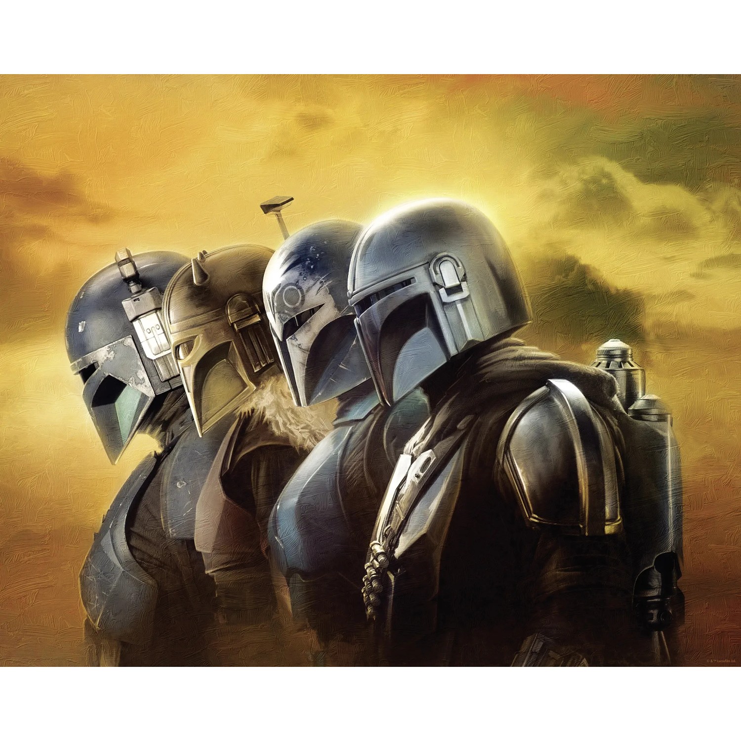 Komar Wandbild Star Wars The Mandalorian Line Up, 40x50 cm, zeigt vier Charaktere in Rüstung.