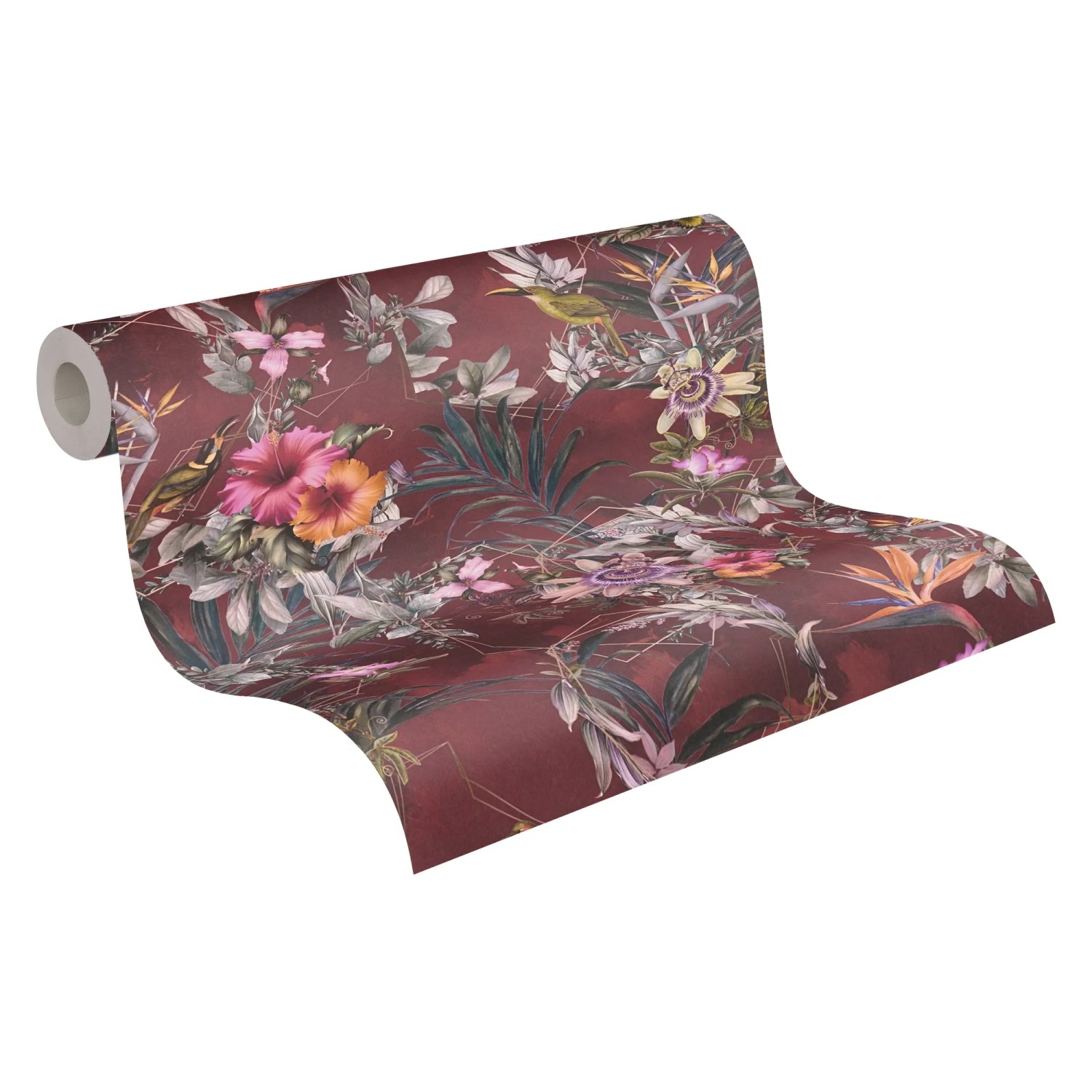 Rolle Vliestapete mit Blumenmuster in Rot und Grün. Dekorative Tapete mit floralem Design.