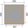 Grundriss Weka Pavillon Gartenoase 651 A, Maße 433x433cm (gesamt) und 357x357cm (Sockelmaß).
