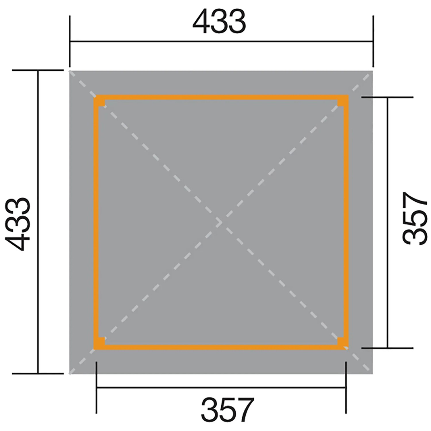 Grundriss Weka Pavillon Gartenoase 651 A, Maße 433x433cm (gesamt) und 357x357cm (Sockelmaß).