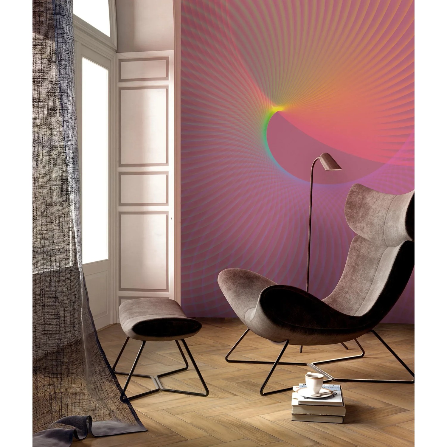 Rosa Vliestapete Gentle Waves von Komar, abstrakte Wandgestaltung im Wohnraum.