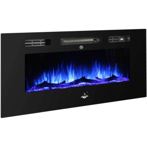 El Fuego Elektrokamin Bern 150 mit blauem LED-Flammeneffekt und schwarzem Rahmen.